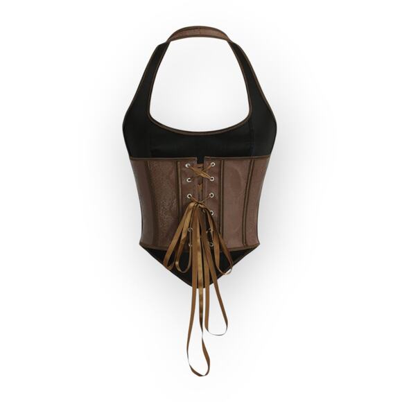 Micas Brown Faux Leather Snakeskin Lace-Up Corset Top – Size L - Picture 2 of 7